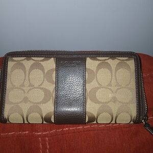 Coach Signature Canvas Zip Wallet in Brown and Tan